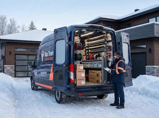 Technician at the open rear doors of a Top Team van in the snow at dusk, sorting parts on the shelves